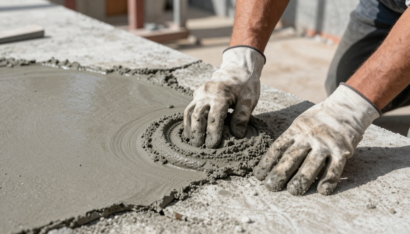 “Worker using gloved hands to smooth fresh repair material into a damaged concrete crack for concrete contractors in Antelope, CA”