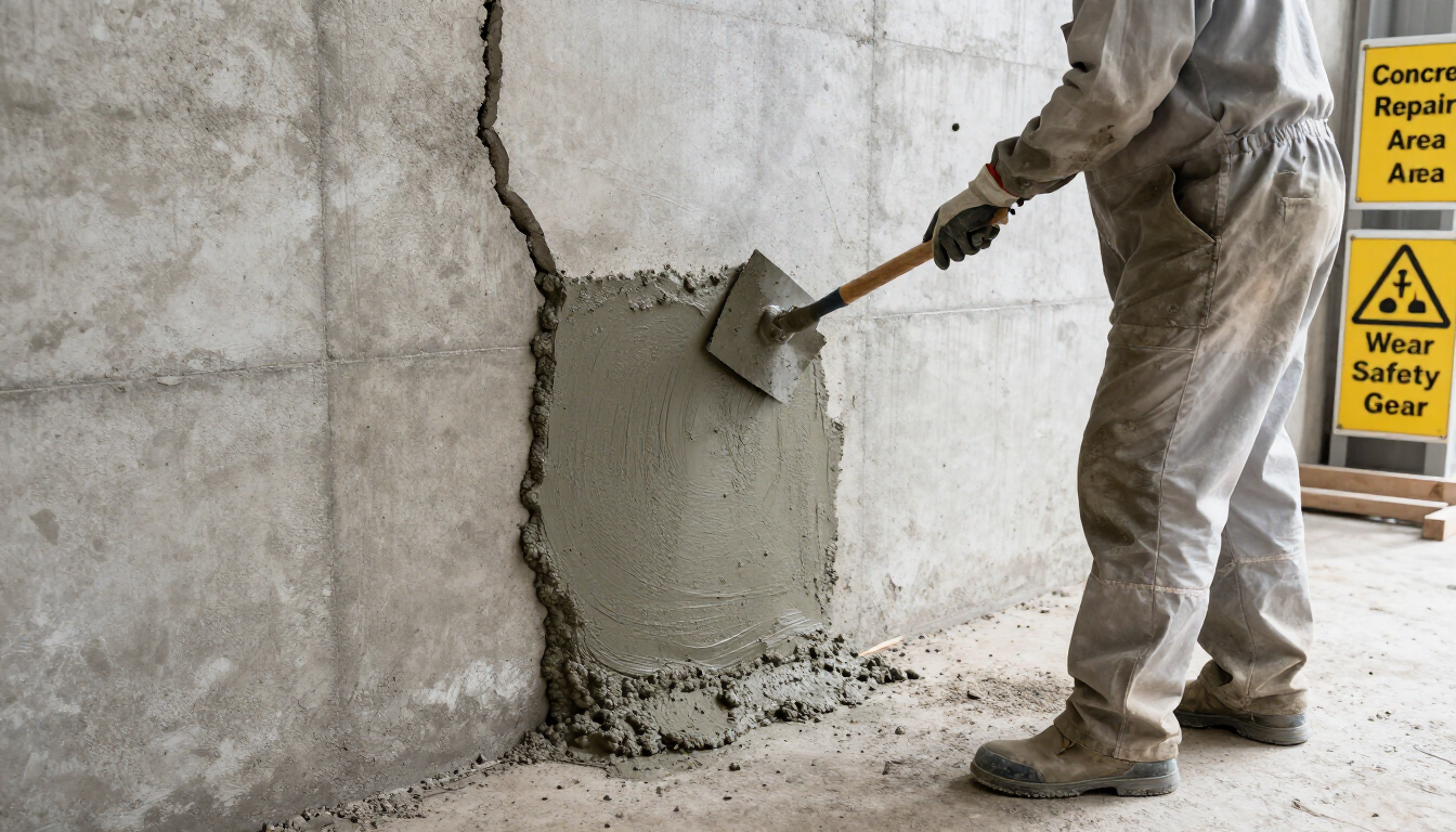 “Worker applying fresh patching material to a cracked concrete wall during repair work by concrete contractors in Antelope, CA”