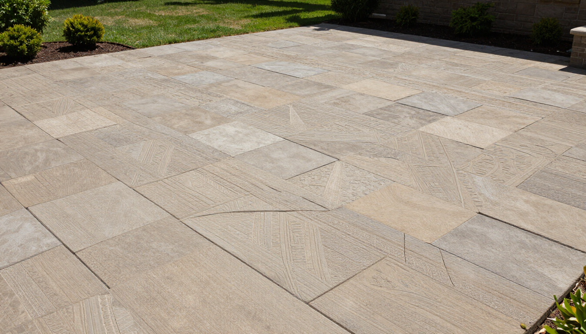 “Stamped concrete patio with a stone-style pattern and varied surface texture by concrete contractors in Antelope, CA”