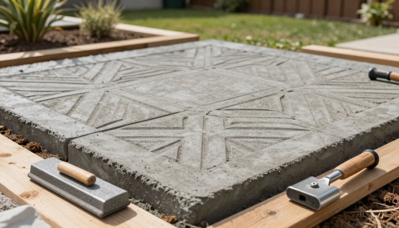 “Fresh stamped concrete slab with decorative geometric patterns and tools nearby for concrete contractors in Antelope, CA”