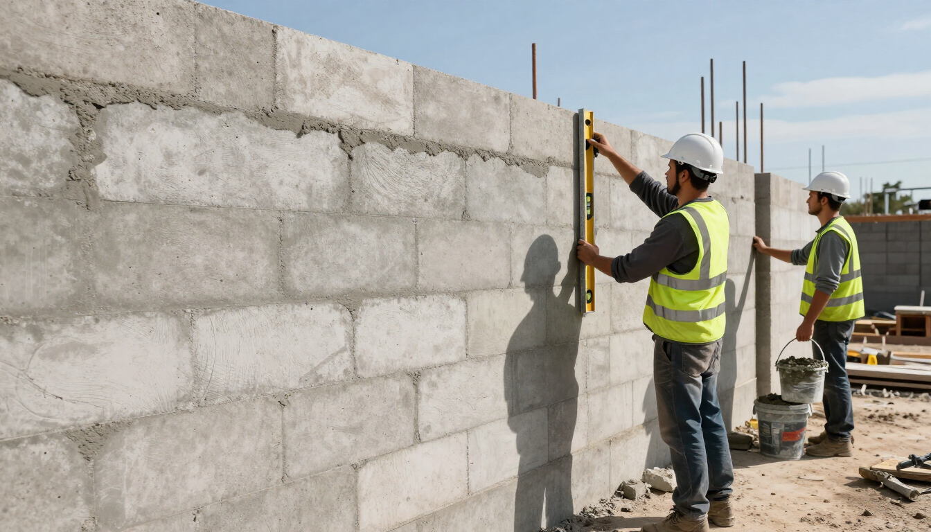 “Workers aligning a tall concrete wall section on a construction site for concrete contractors in Antelope, CA”