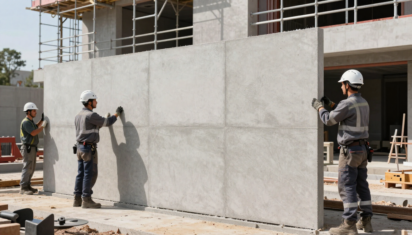 “Crew guiding a large precast concrete wall panel into place with equipment for concrete contractors in Antelope, CA”