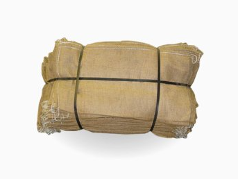 Industrial burlap bags tied together in a bundle.