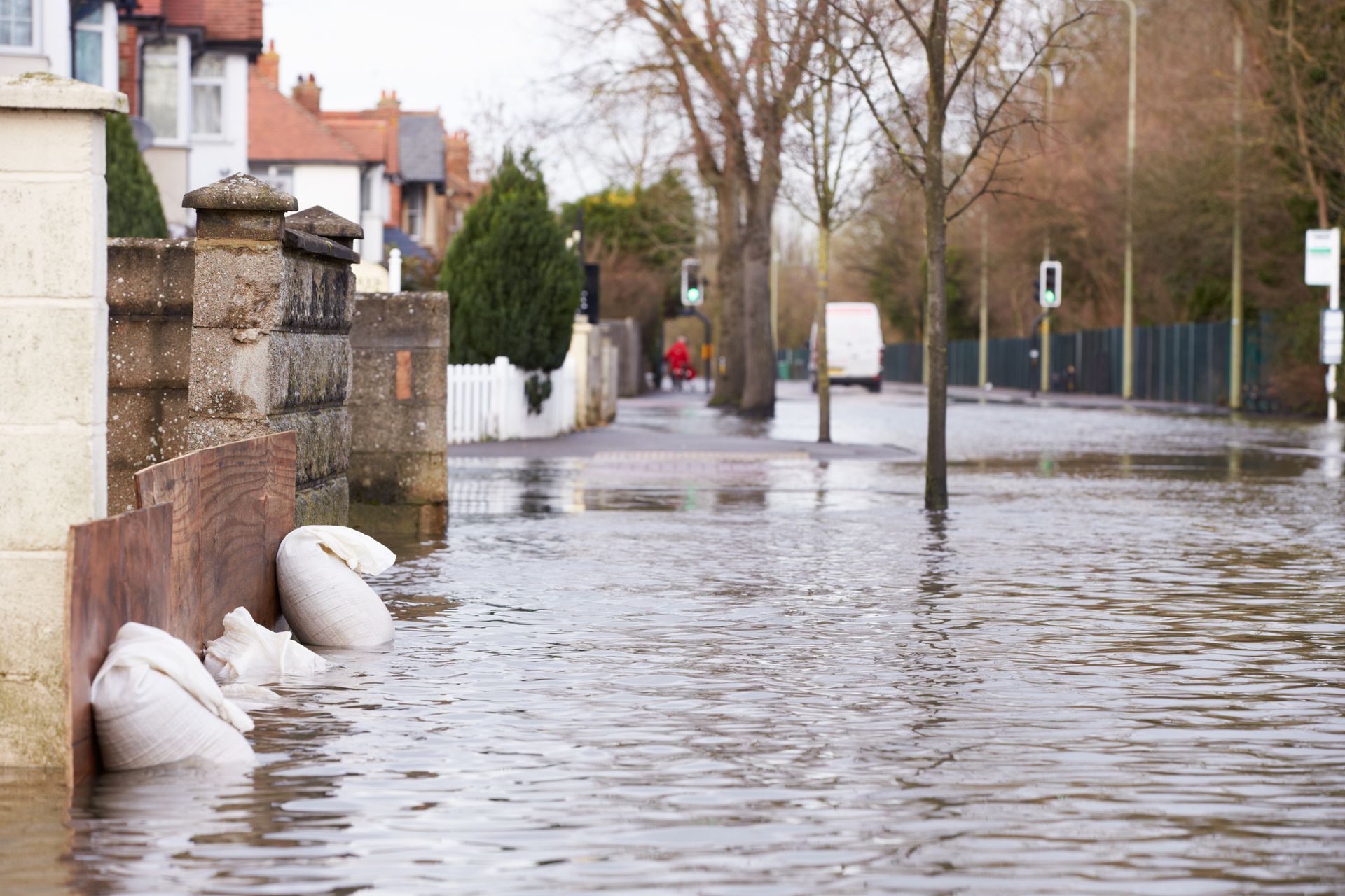 Flooded Street using Sandbags to protect against damage
