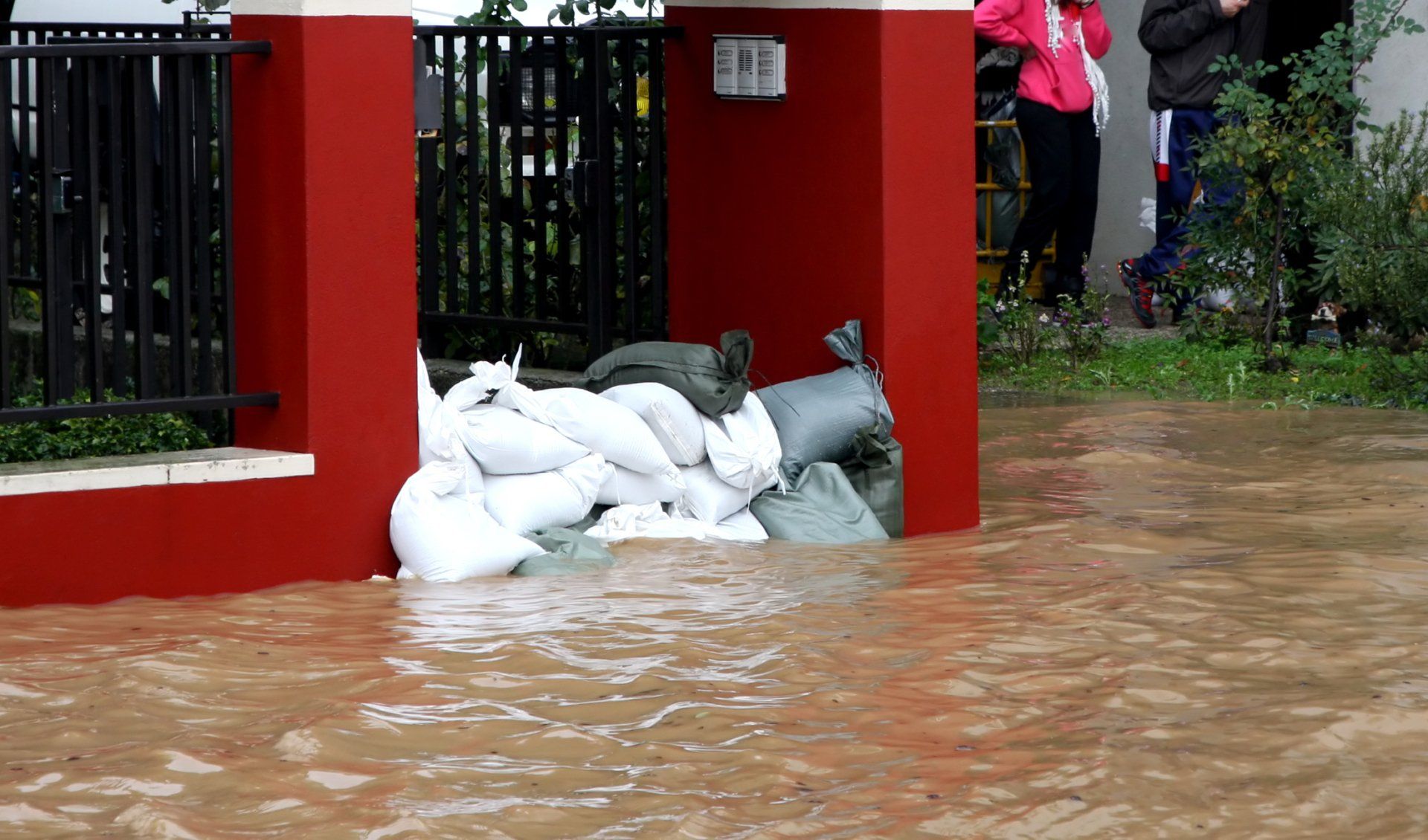 Sandbags blocking flood water.