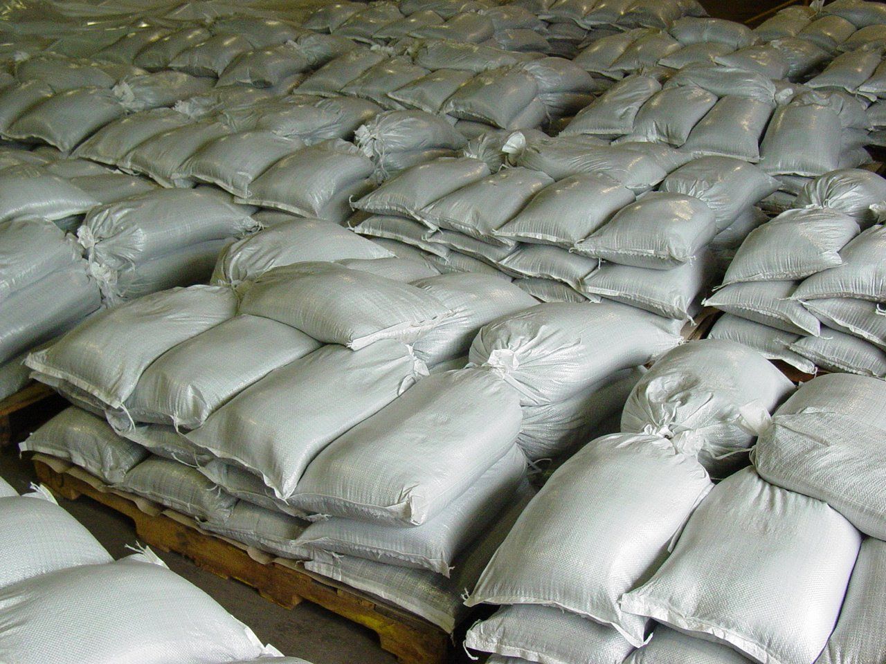 A large amount of white sandbags.