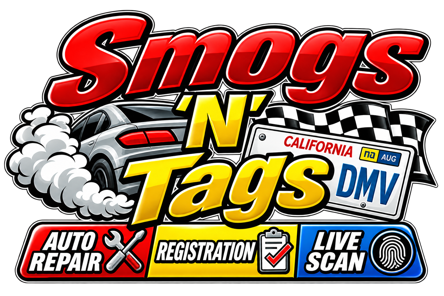 Smogs N Tags logo with blue car, red clipboard, and green, blue, and red service icons