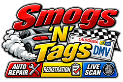 Smogs N Tags logo with blue car, red clipboard, and green, blue, and red service icons