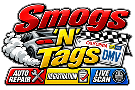 Smogs N Tags logo with blue car, red clipboard, and green, blue, and red service icons