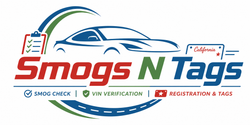 Smogs N Tags logo with blue car outline and red, green, and blue service icons on white background