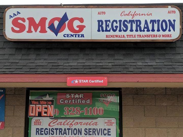 Storefront signs for SMOG Center and California Registration, with an open sign below.