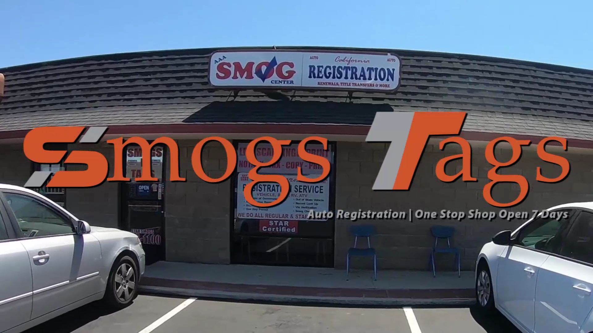 Smogs Tags storefront with orange sign and parked cars in front