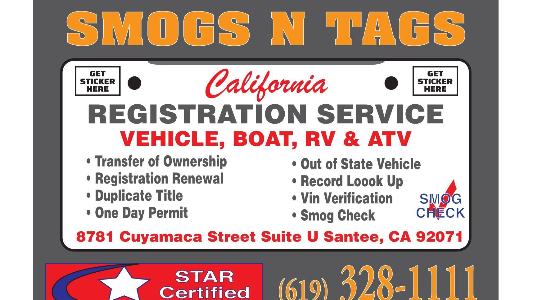 California vehicle registration and notary service sign for Smogs N Tags, orange and white with services listed.