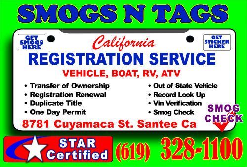 SMOGS N TAGS California vehicle registration service sign with blue, red, and green text, 619-328-1100
