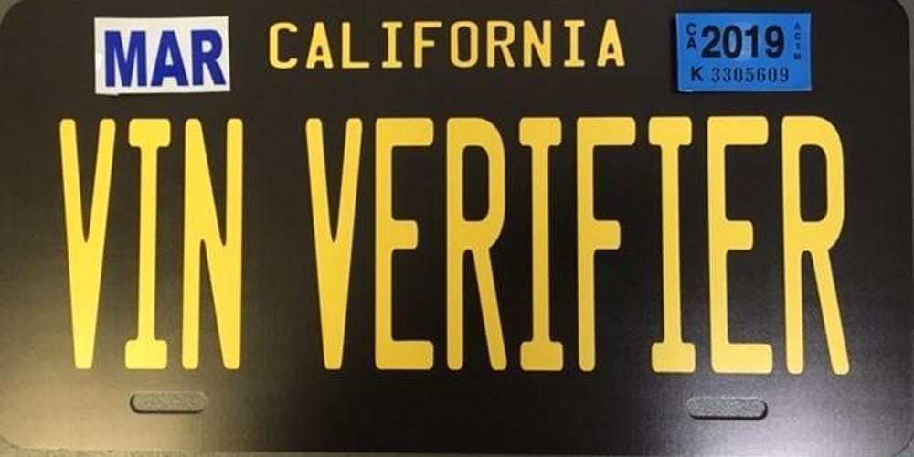 California MAR license plate reading “VIN VERIFIER” in yellow on a black background.