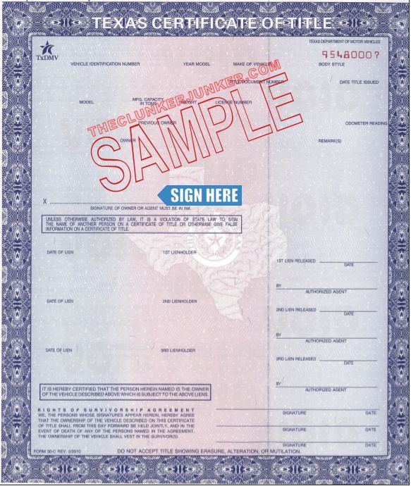 Texas certificate of title form with large red “SAMPLE” watermark and “SIGN HERE” label