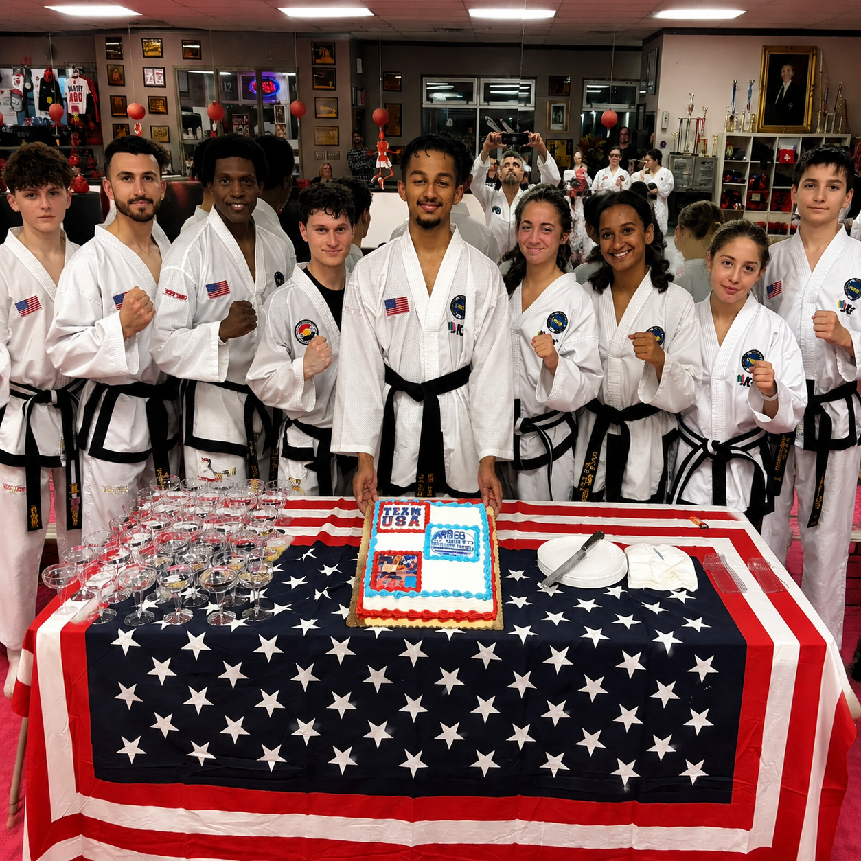 Martial arts class posing behind a star-spangled table with a celebratory cake and trophies
