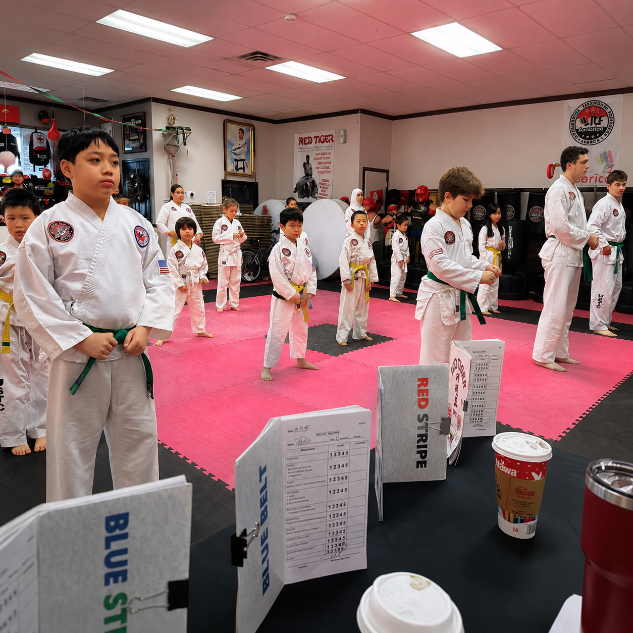 Karate class training in a pink-matted dojo, students in white uniforms standing in rows.