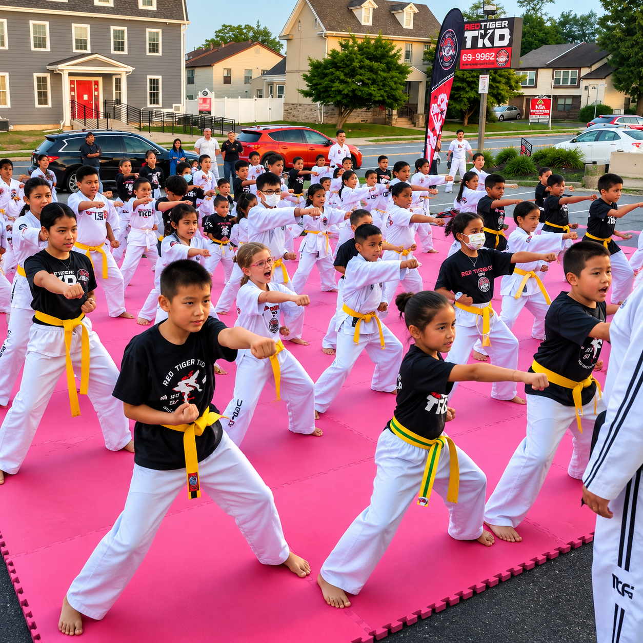 Children practicing martial arts on pink mats outdoors in front of houses, wearing black shirts and white pants.
