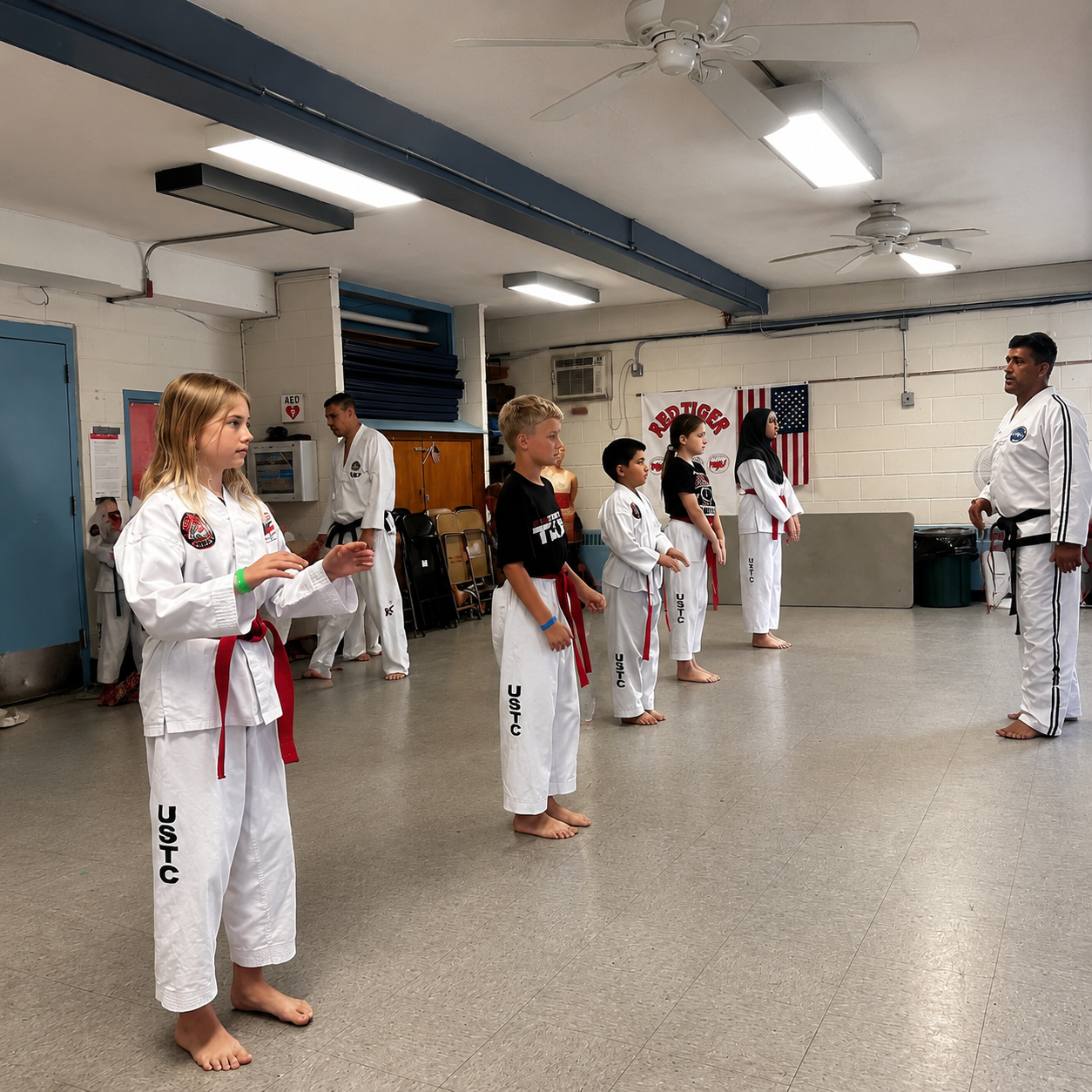 Children in white martial arts uniforms stand in a dojo during class instruction.