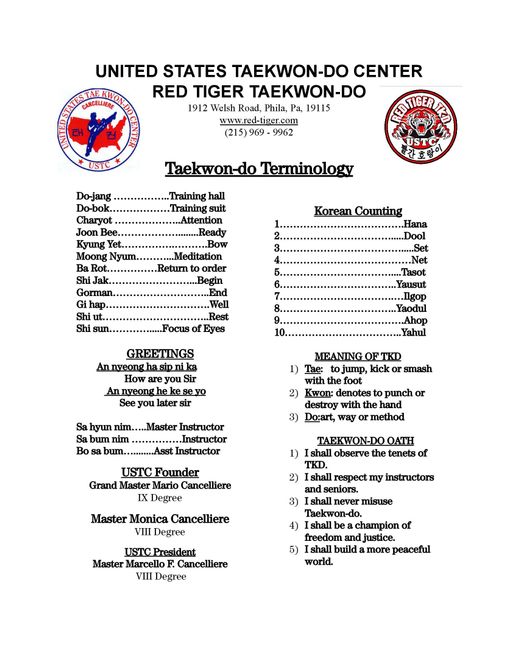 Taekwondo rank requirements chart from United States Taekwondo Center, with black text on white background