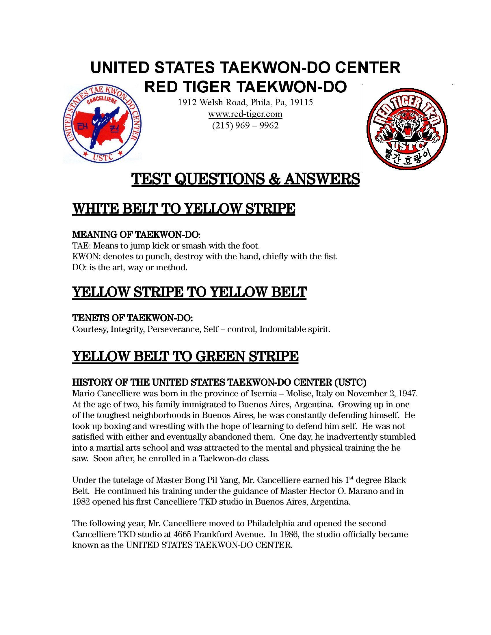 Flyer for United States Taekwon-Do Center: white belt, yellow stripe, yellow belt, and yellow belt with green stripe classes.