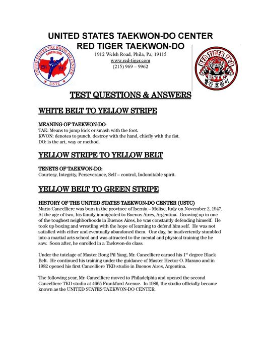Flyer for United States Taekwon-Do Center: white belt, yellow stripe, yellow belt, and yellow belt with green stripe classes.
