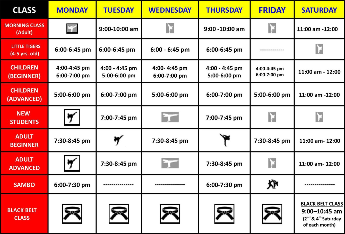 Red Tiger Schedule 2026 weekly class timetable in red, yellow, and white table format