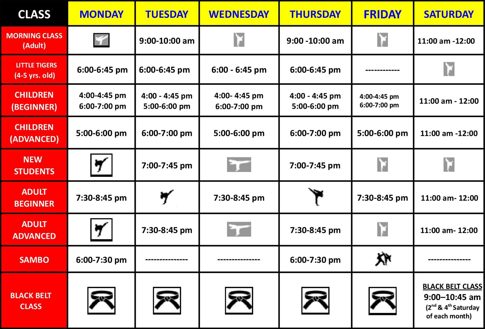 Red Tiger Schedule 2026 weekly class timetable in red, yellow, and white table format
