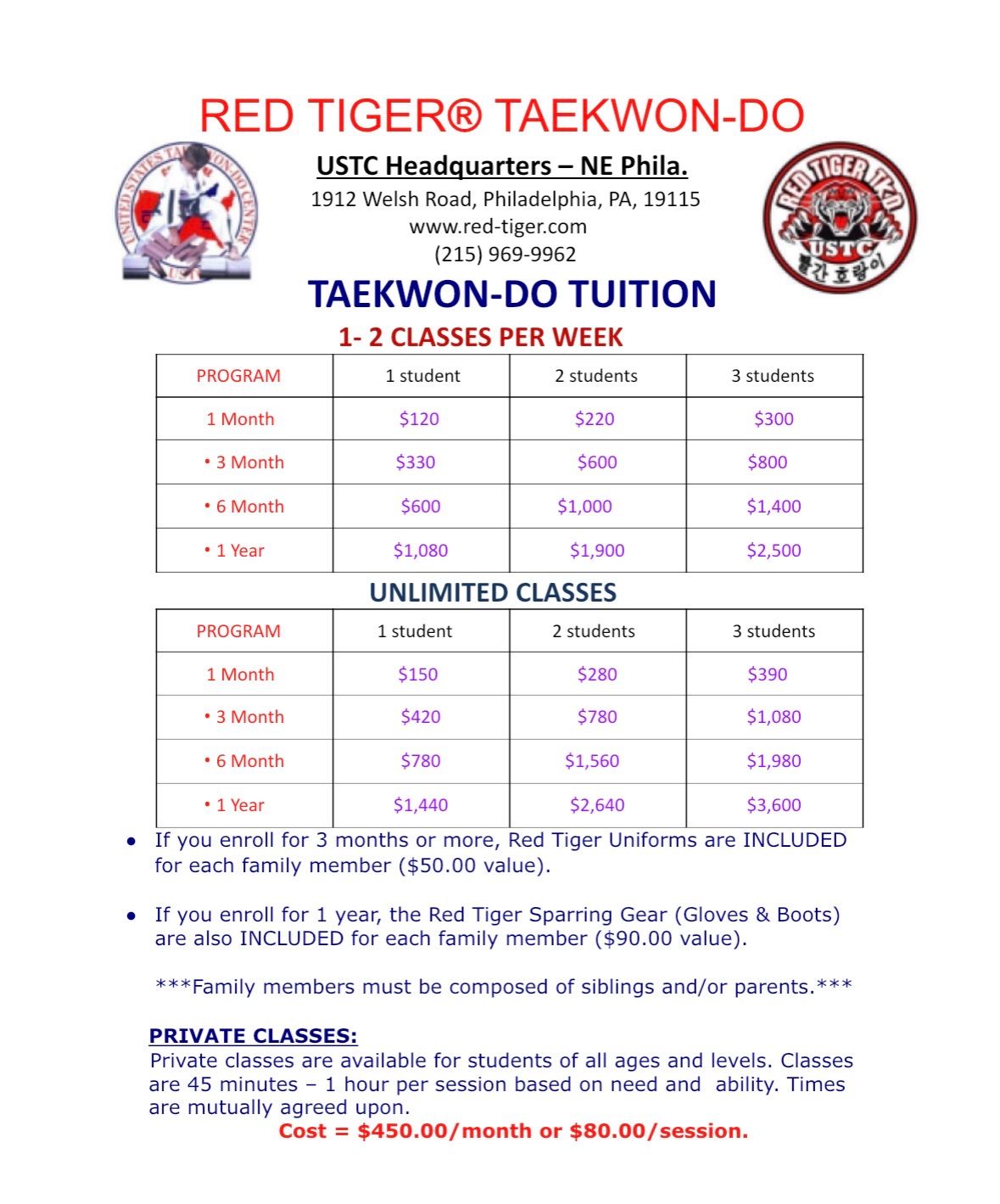 Red Tiger Tae Kwon-Do tuition flyer with class schedules, rates, and private lesson info