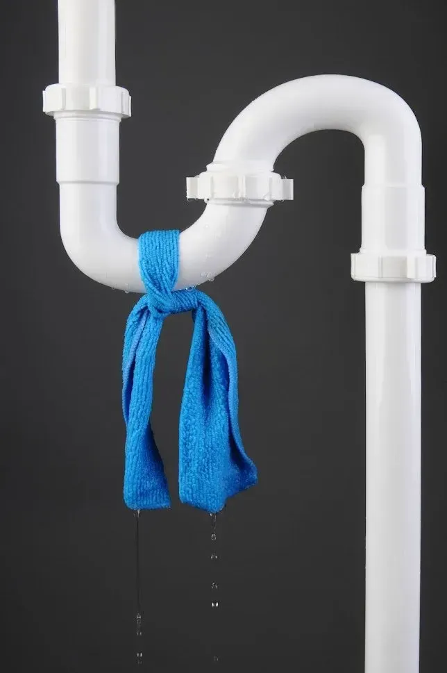 A white pipe with a blue towel tied around it.