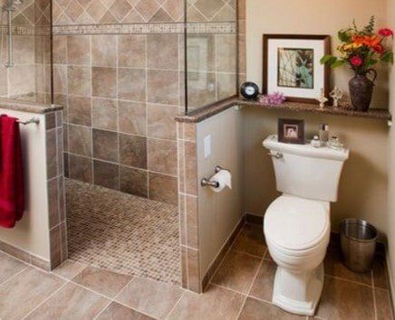 A bathroom with a toilet and a walk in shower