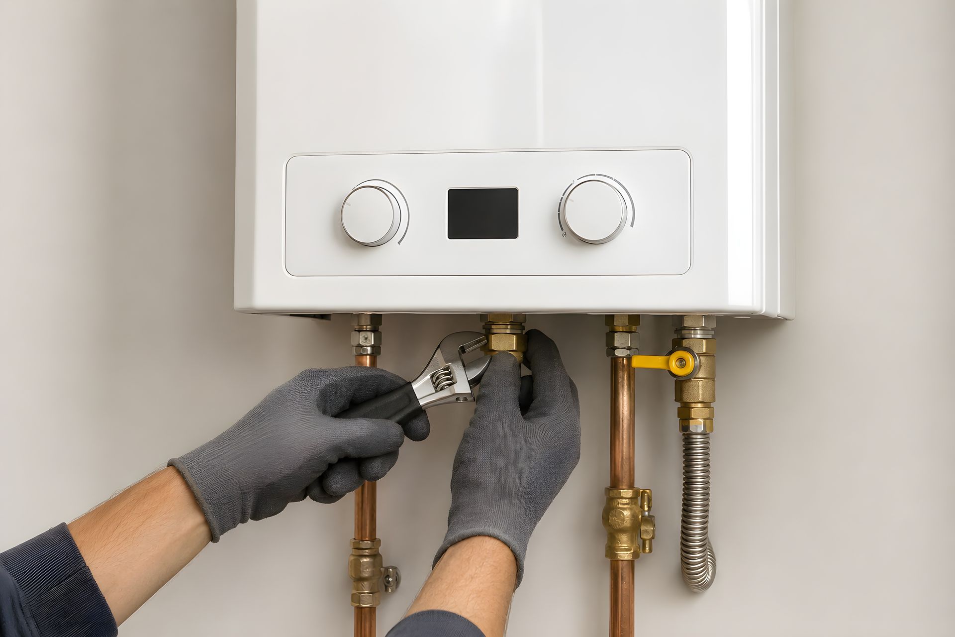 Gloved hands connect pipes to a white wall-mounted boiler under installation