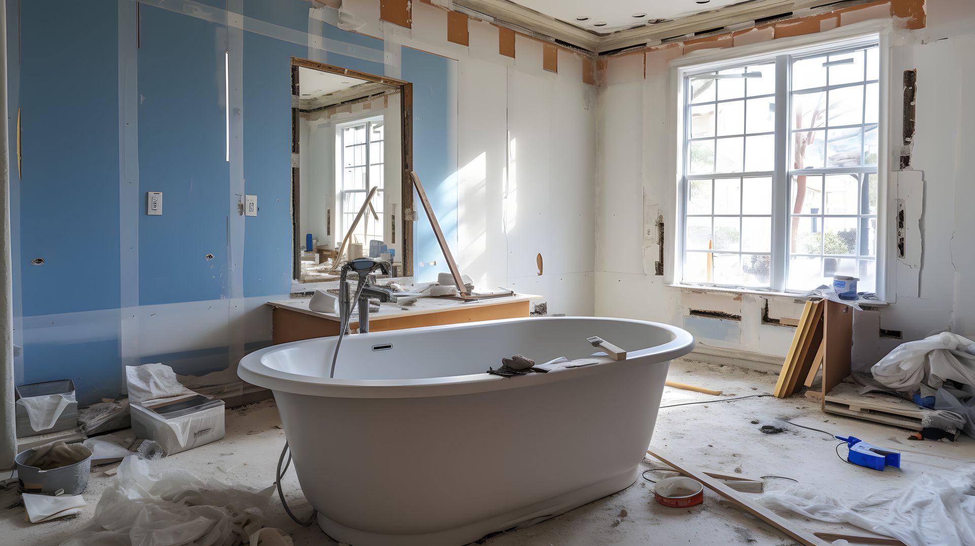 Home bathroom remodel with new bathtub installation and exposed plumbing pipes for double sinks