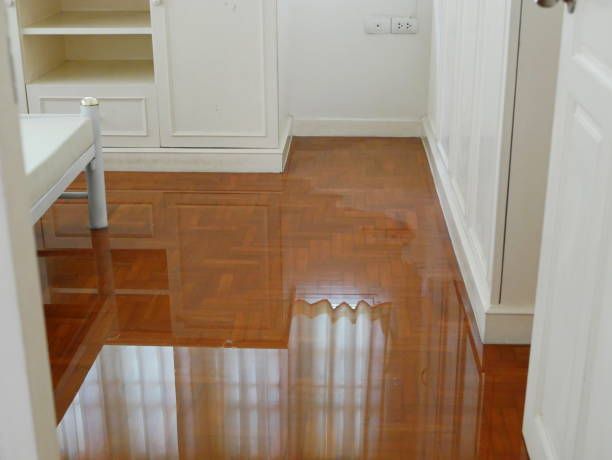 Shiny brown hardwood floor reflects light, white walls, built-in cabinets, and a doorway.