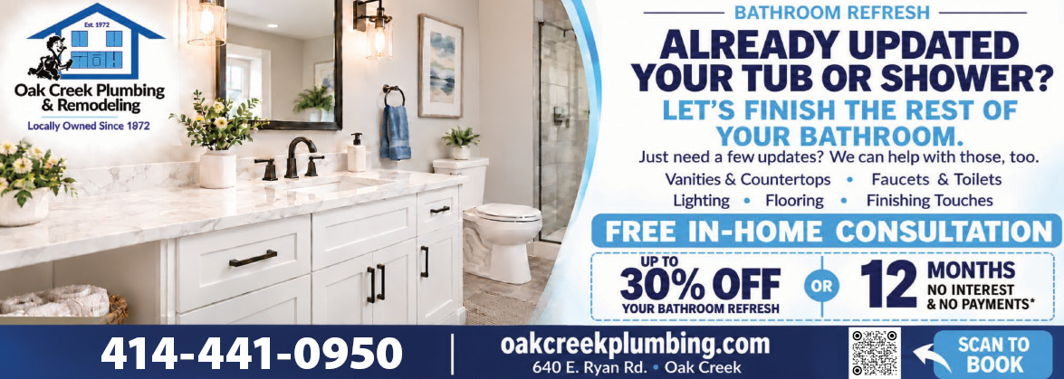 Ad for Oak Creek Plumbing & Remodeling showing a kitchen, list of discounts, phone number, and address.