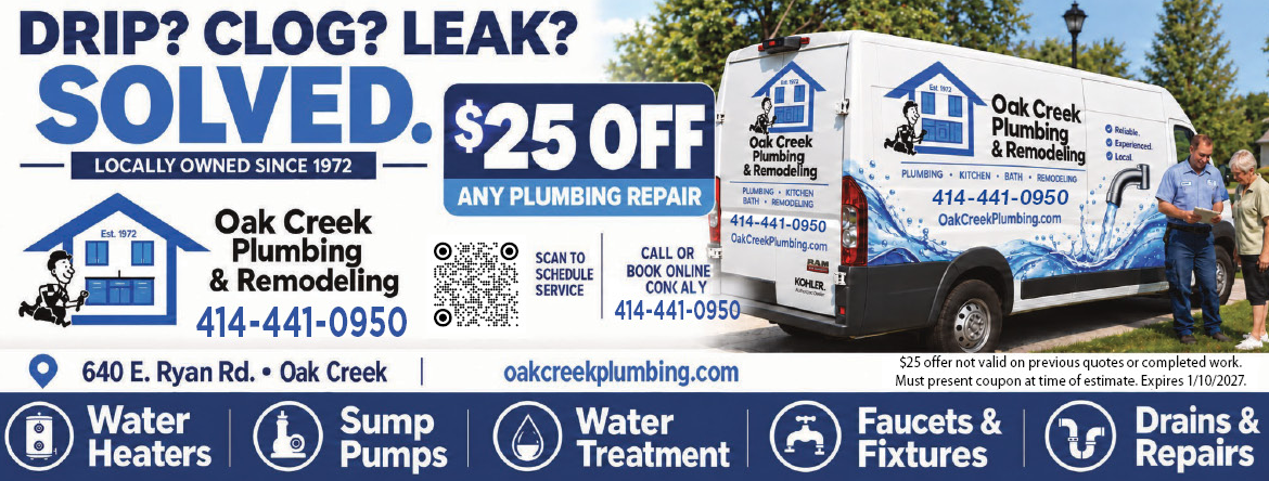 Plumbing advertisement for Oak Creek Plumbing & Remodeling with contact info, services list, and a QR code to book.