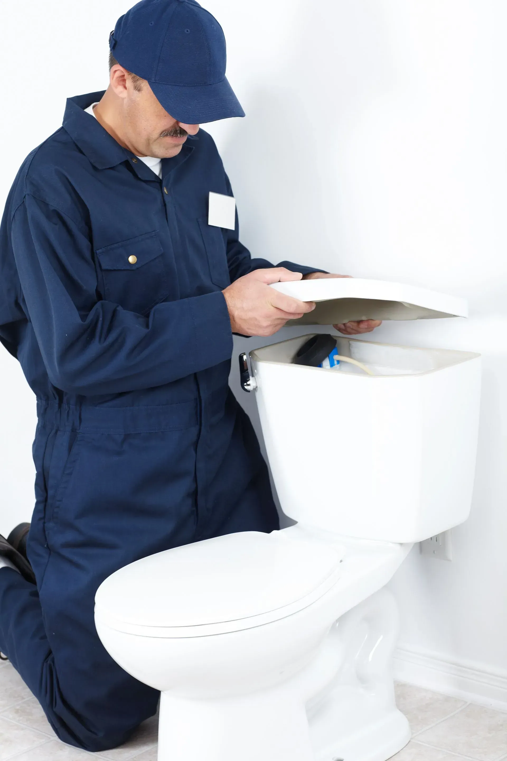 A plumber is kneeling down next to a toilet