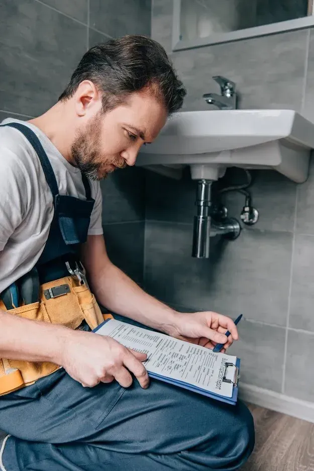 A plumber is kneeling down in front of a sink and writing on a clipboard.