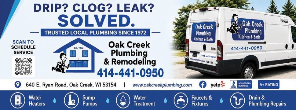 Plumbing advertisement for Oak Creek Plumbing & Remodeling with contact info, services list, and a QR code to book.