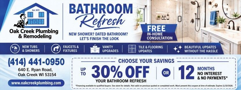 Ad for Oak Creek Plumbing & Remodeling showing a kitchen, list of discounts, phone number, and address.