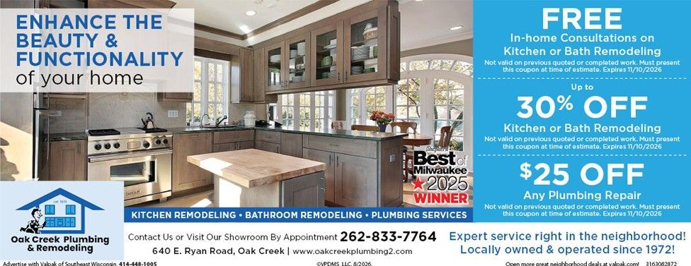 Plumbing advertisement for Oak Creek Plumbing & Remodeling with contact info, services list, and a QR code to book.