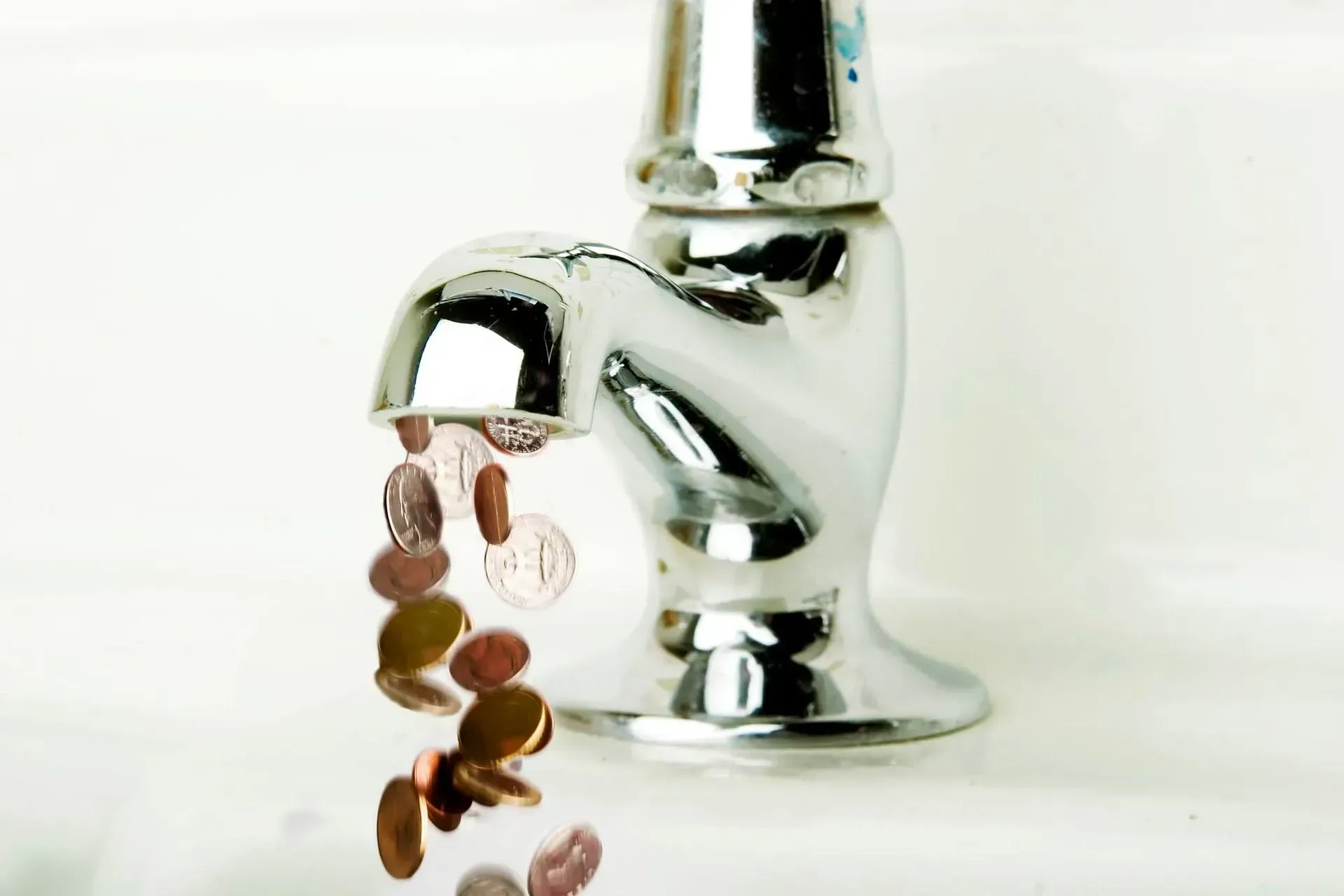 A faucet with coins pouring out of it