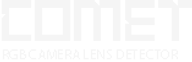 A white logo for a camera lens detector on a white background.