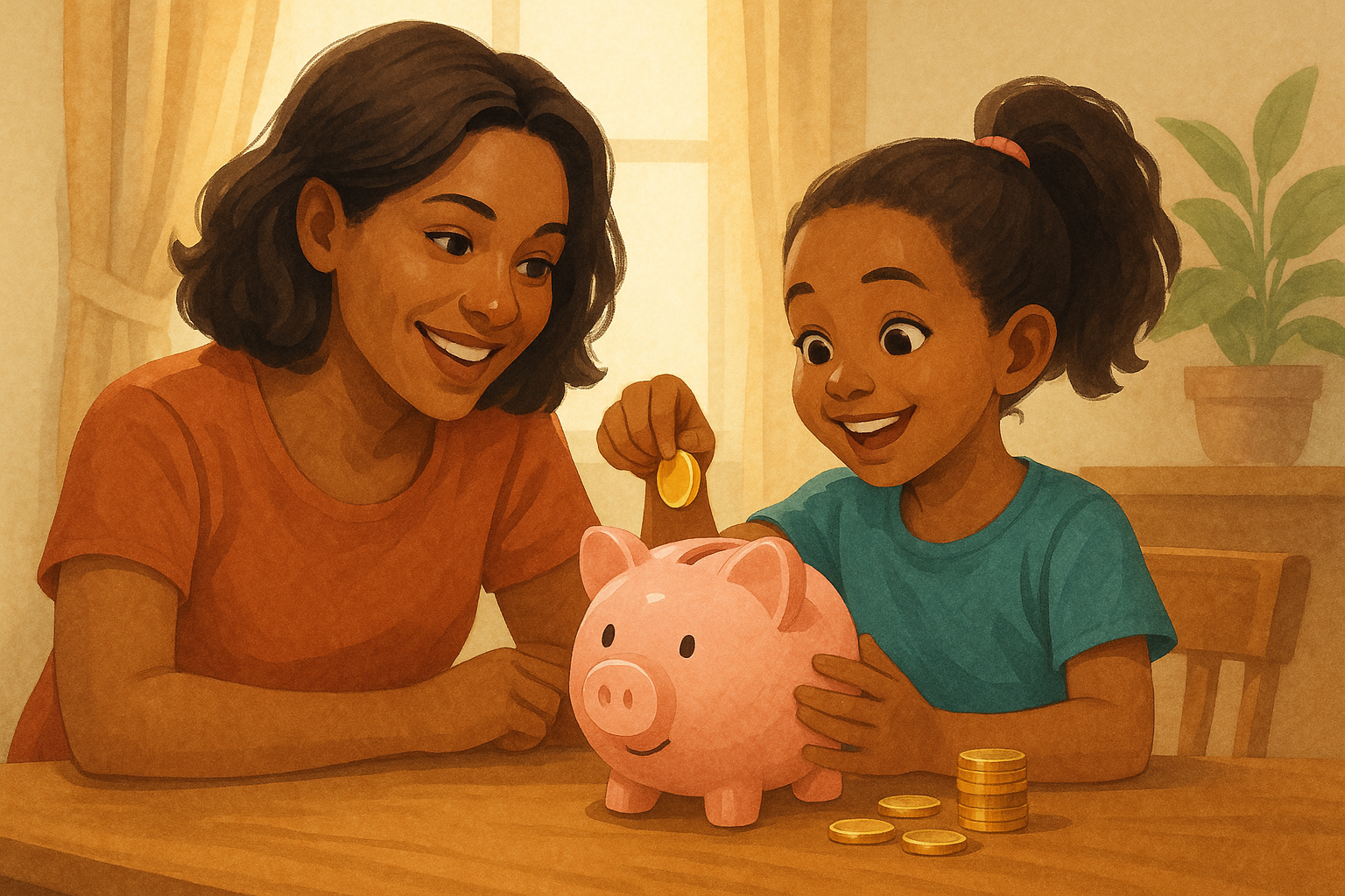 Mother and daughter putting coins in a piggy bank โ faith-based money lesson for kids.