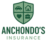 Logo for Anchondo's Insurance featuring a green shield with car, house, heart, and briefcase icons.