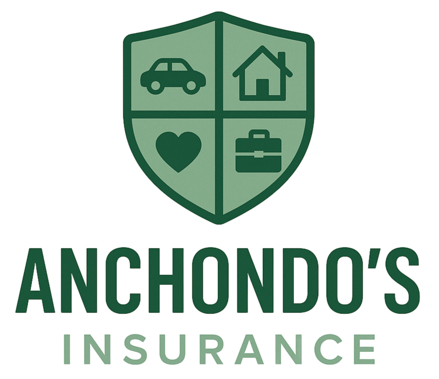 Logo for Anchondo's Insurance featuring a green shield with car, house, heart, and briefcase icons.