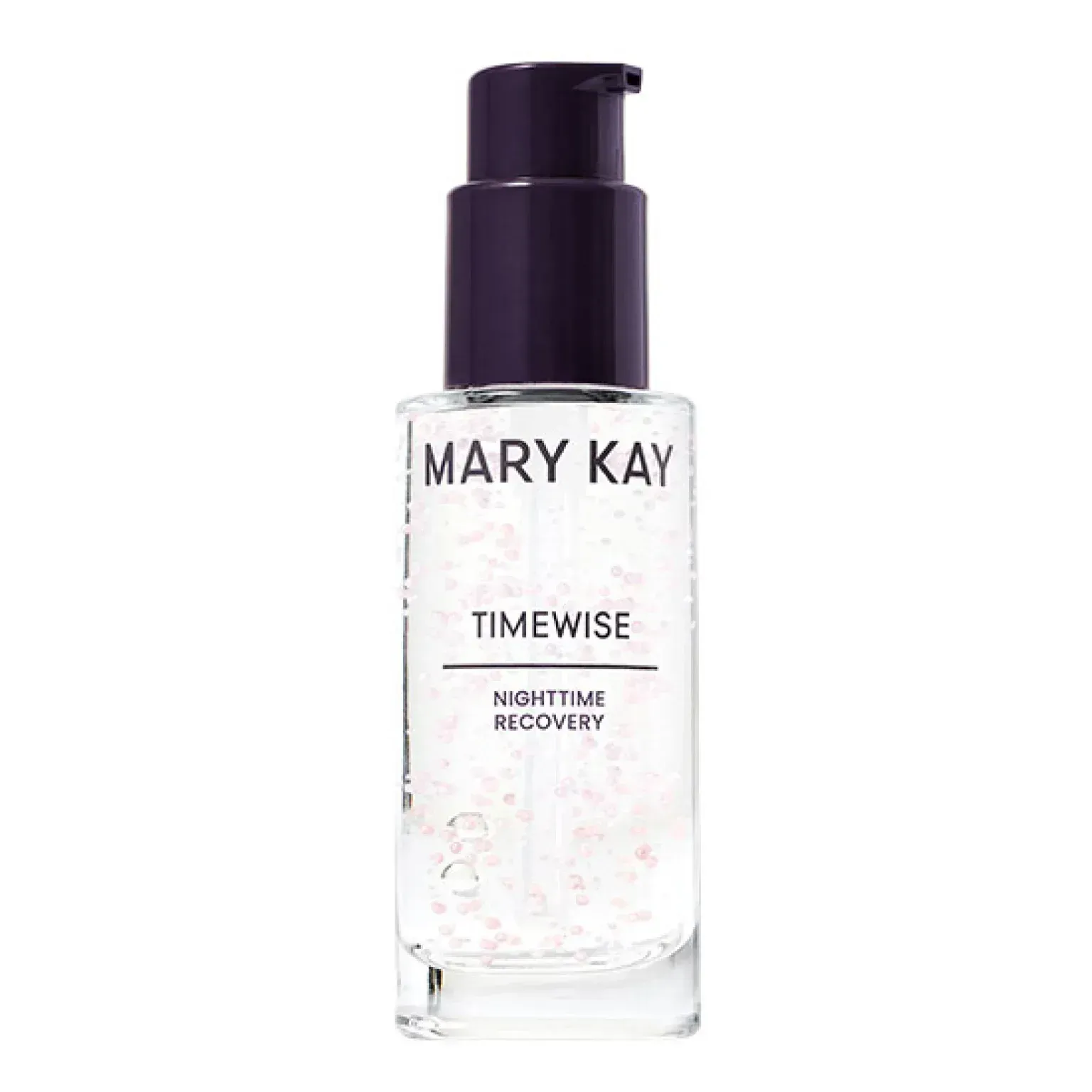 Frasco de sérum TimeWise Nighttime Recovery de Mary Kay con dosificador morado.