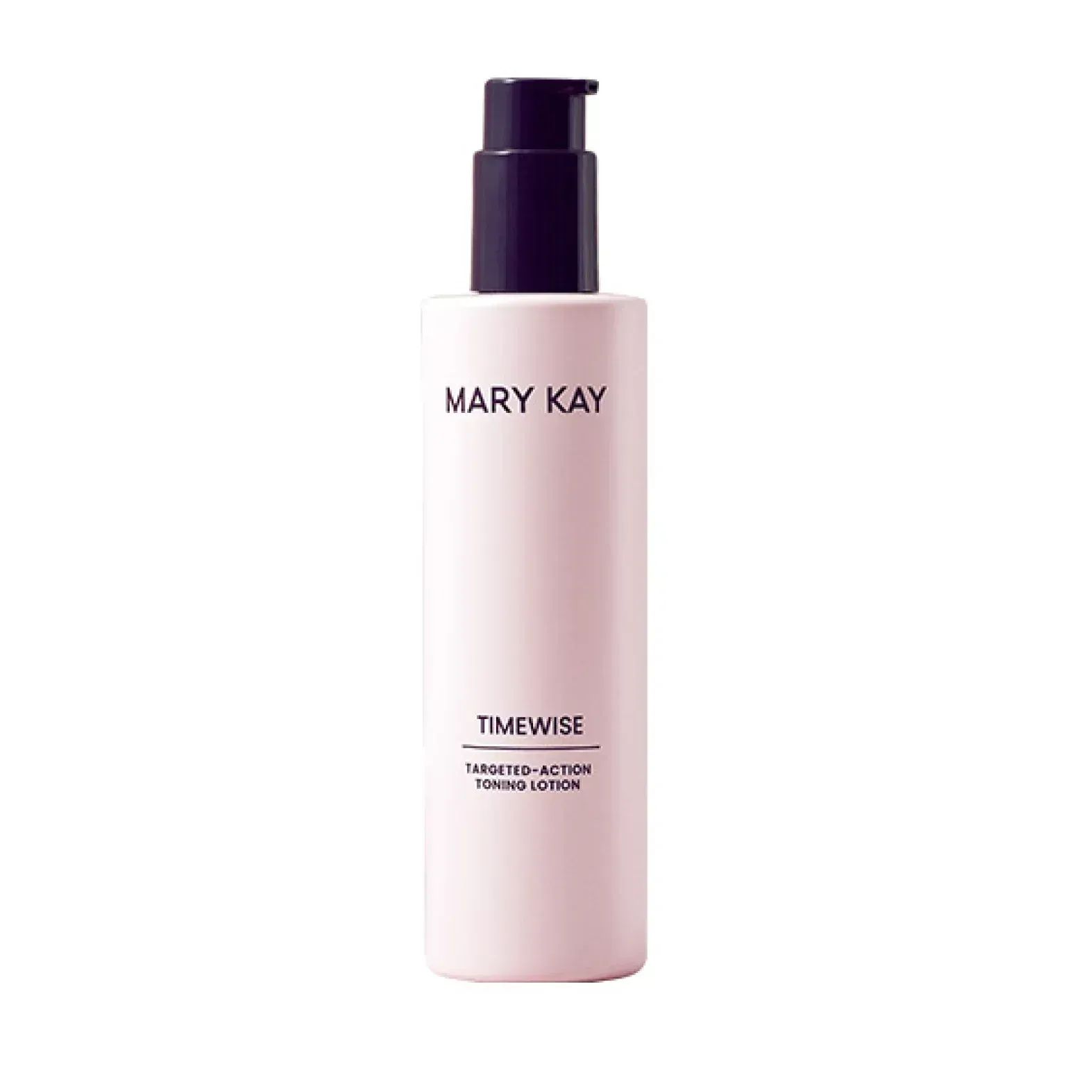Frasco de loción rosa TimeWise de Mary Kay con dosificador morado oscuro sobre fondo blanco.