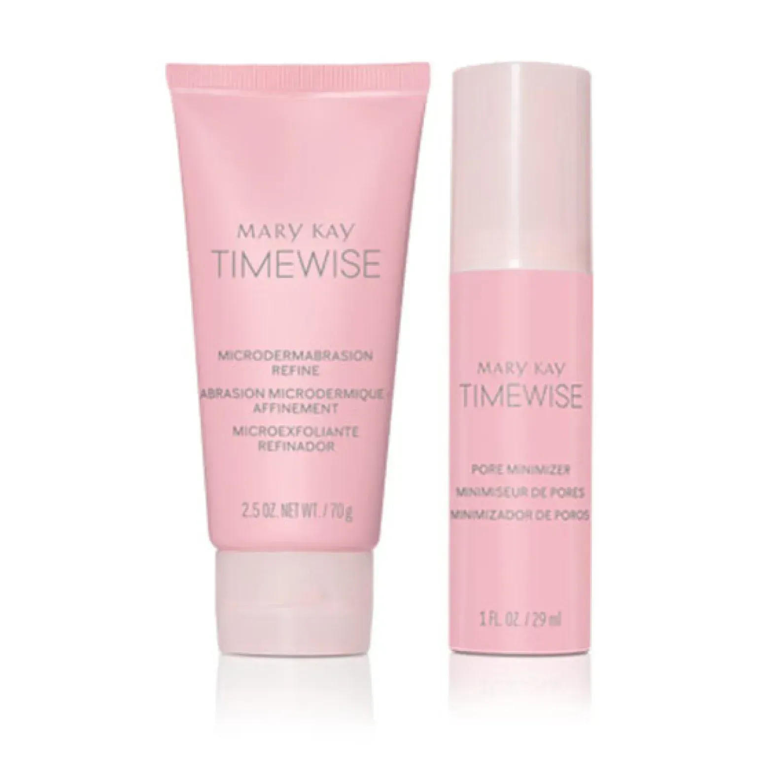 Dos tubos rosas de productos para el cuidado de la piel Mary Kay Timewise sobre un fondo blanco.